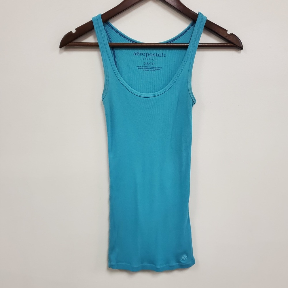 Aeropostale Womens Y2K Ribbed Knit Preppy Tank Top Size XS Blue Stretch Bias‎